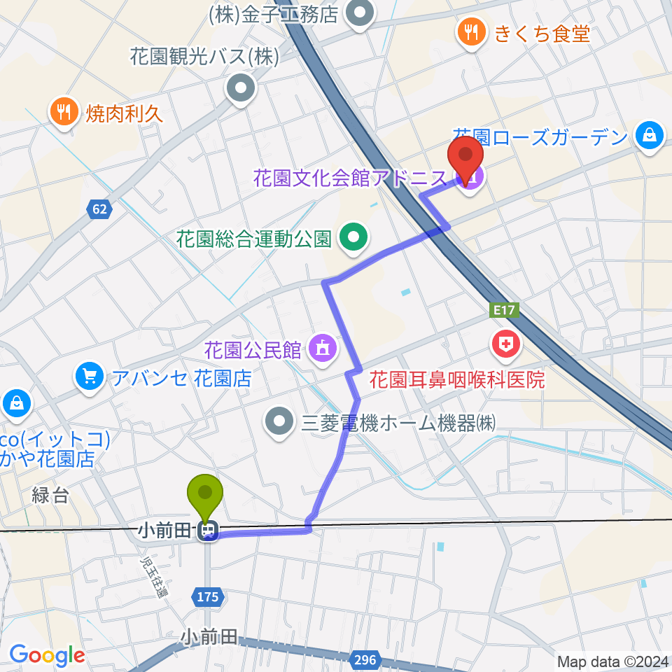 深谷市花園文化会館アドニスの最寄駅小前田駅からの徒歩ルート（約20分）地図