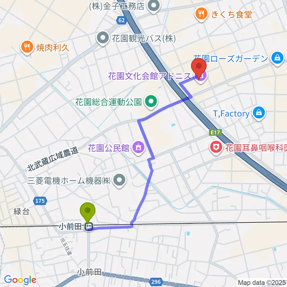 深谷市花園文化会館アドニスの最寄駅小前田駅からの徒歩ルート（約20分）地図