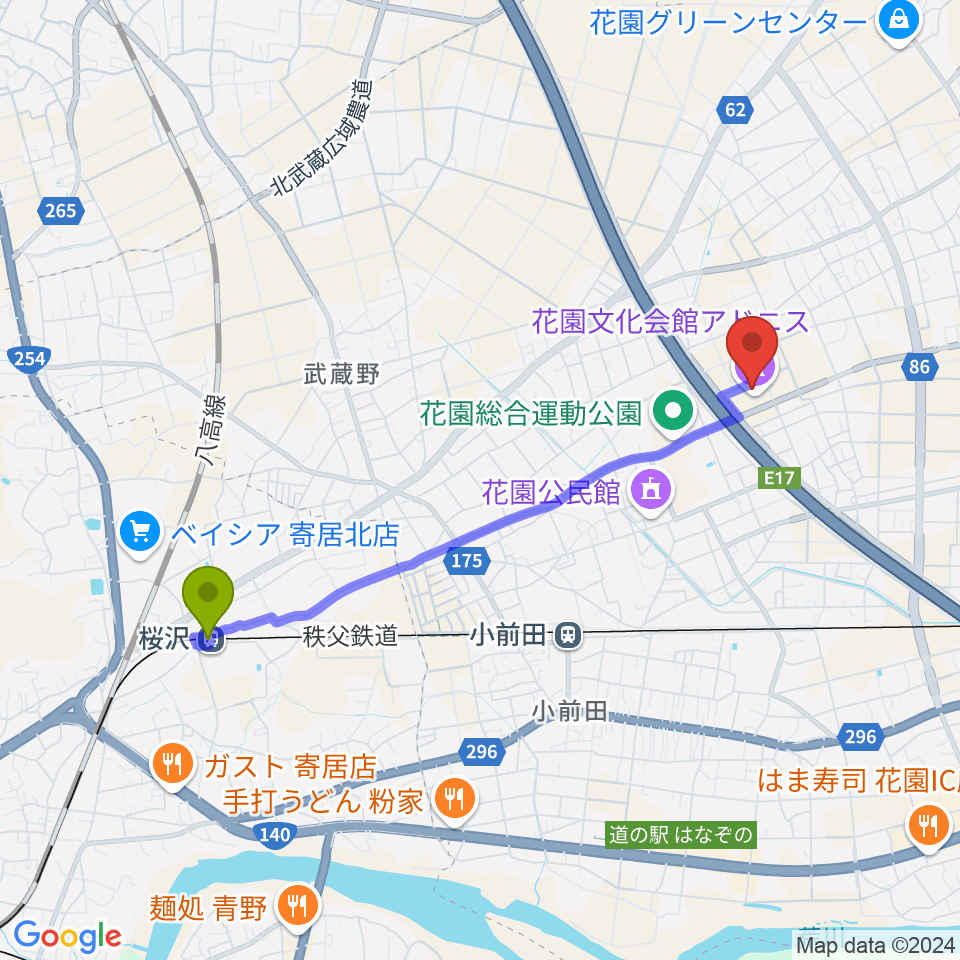 桜沢駅から深谷市花園文化会館アドニスへのルートマップ地図