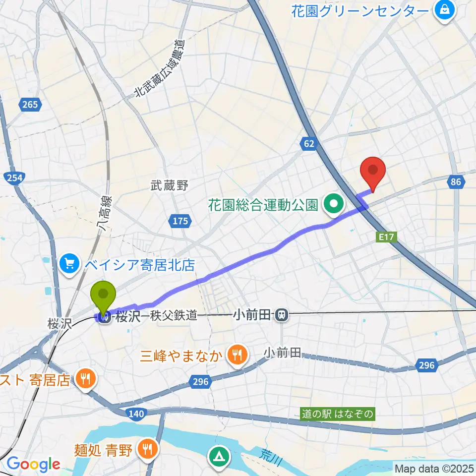 桜沢駅から深谷市花園文化会館アドニスへのルートマップ地図