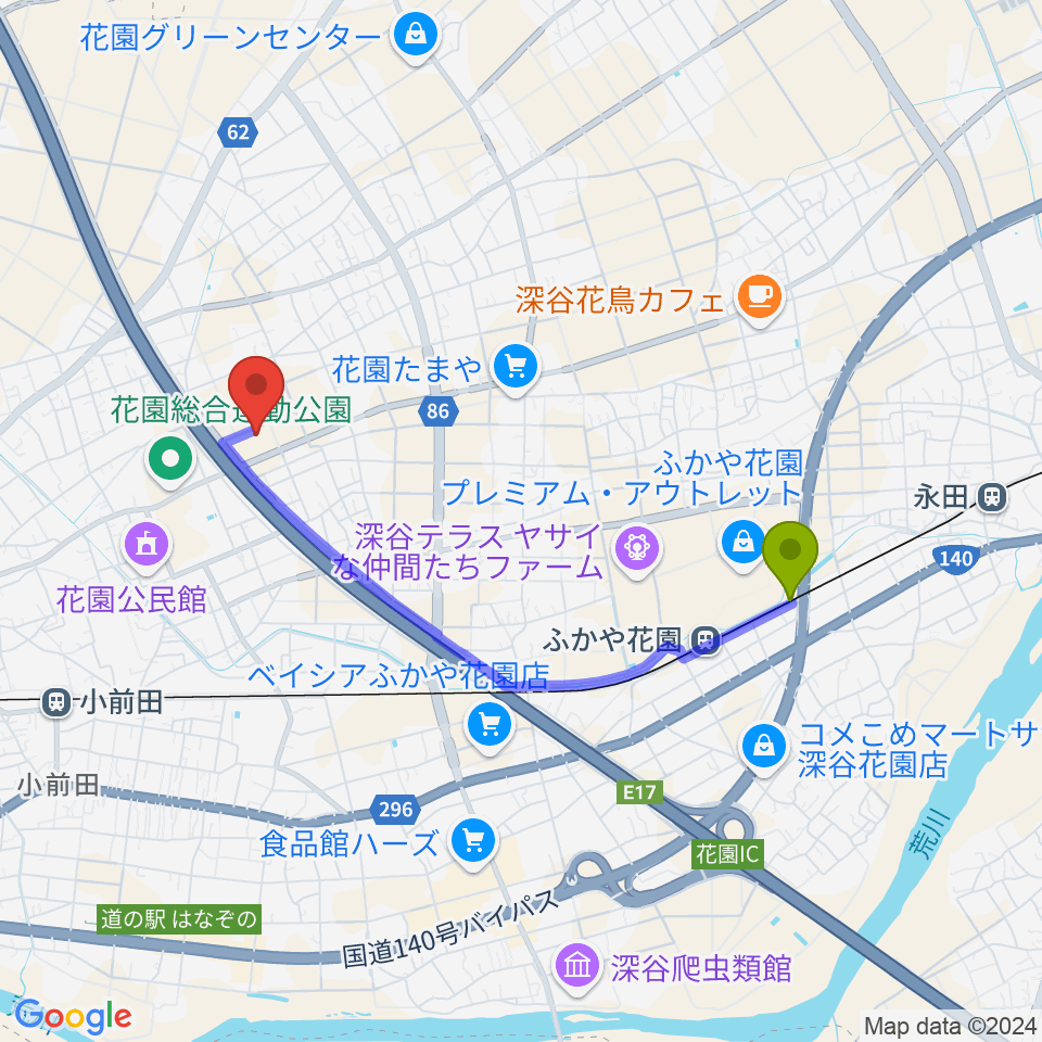 ふかや花園駅から深谷市花園文化会館アドニスへのルートマップ地図