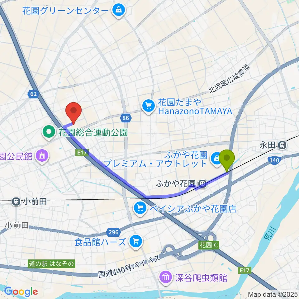ふかや花園駅から深谷市花園文化会館アドニスへのルートマップ地図