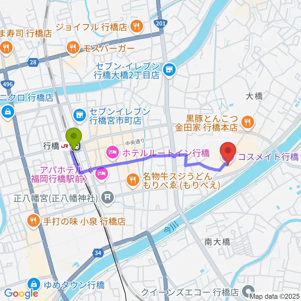 コスメイト行橋の最寄駅行橋駅からの徒歩ルート（約16分）地図