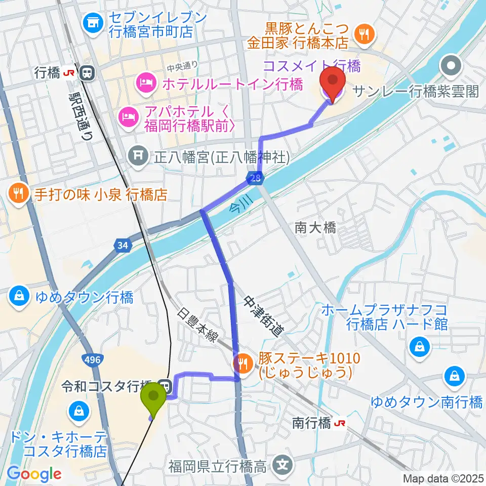 令和コスタ行橋駅からコスメイト行橋へのルートマップ地図