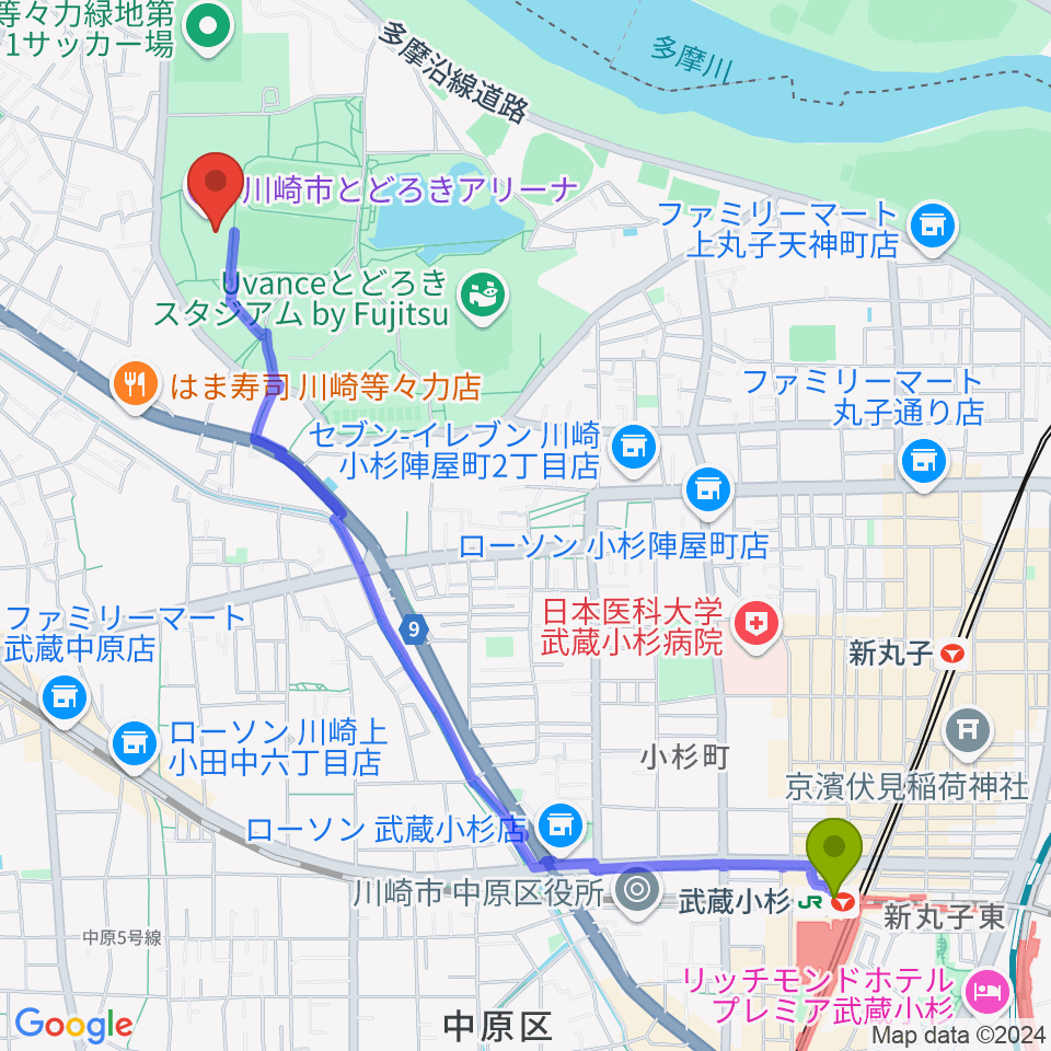 武蔵小杉駅から川崎市とどろきアリーナへのルートマップ地図