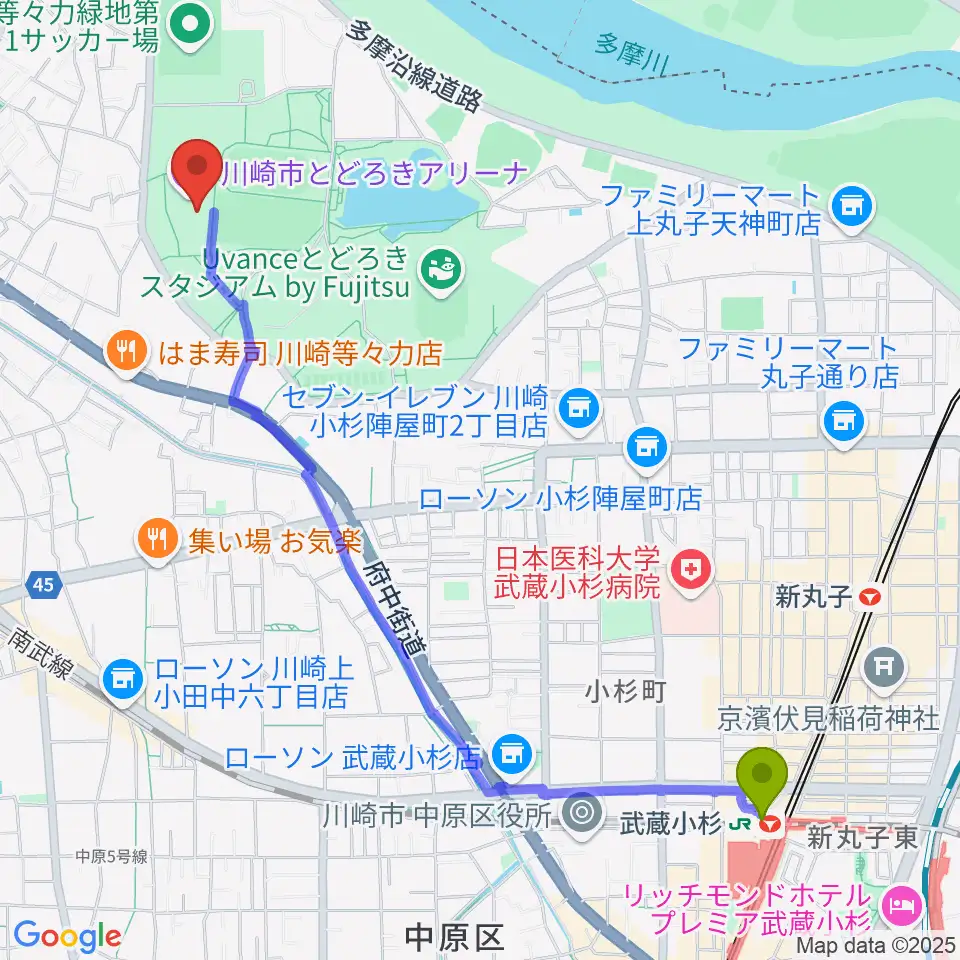 武蔵小杉駅から川崎市とどろきアリーナへのルートマップ地図