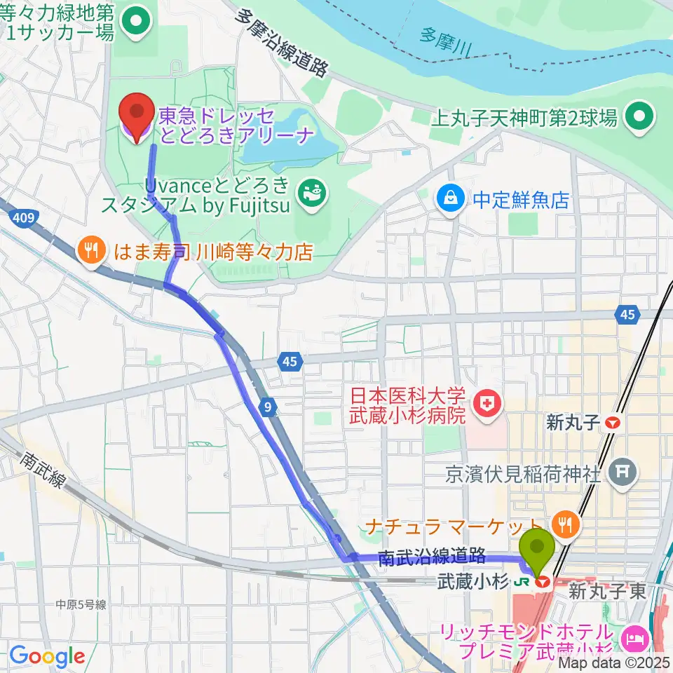 武蔵小杉駅から東急ドレッセとどろきアリーナへのルートマップ地図