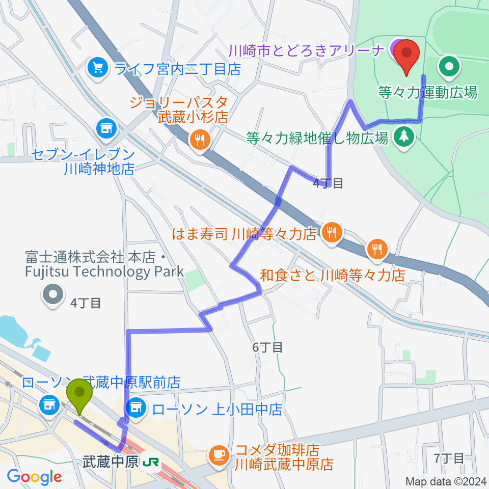 川崎市とどろきアリーナの最寄駅武蔵中原駅からの徒歩ルート（約15分）地図