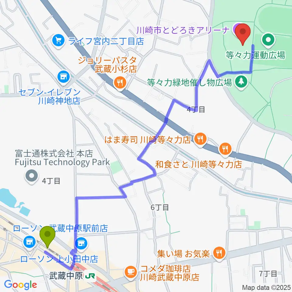 川崎市とどろきアリーナの最寄駅武蔵中原駅からの徒歩ルート（約15分）地図