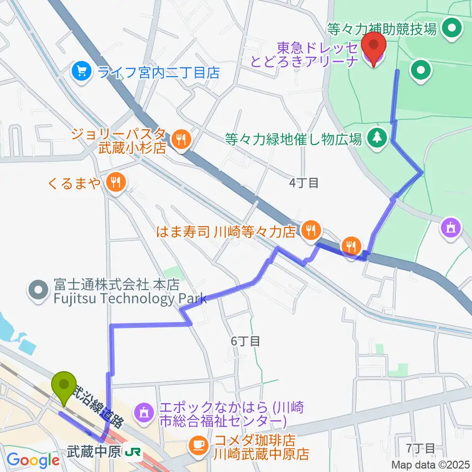 東急ドレッセとどろきアリーナの最寄駅武蔵中原駅からの徒歩ルート（約15分）地図