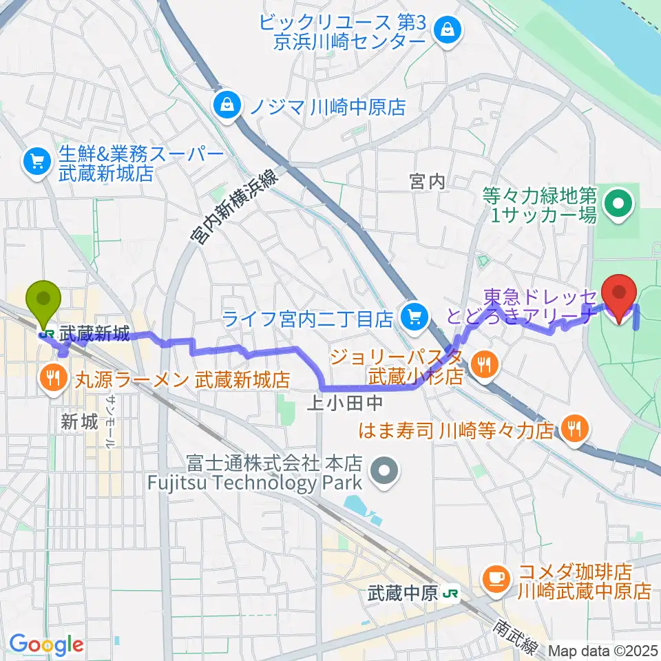 武蔵新城駅から東急ドレッセとどろきアリーナへのルートマップ地図