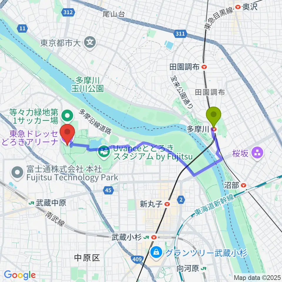 多摩川駅から東急ドレッセとどろきアリーナへのルートマップ地図