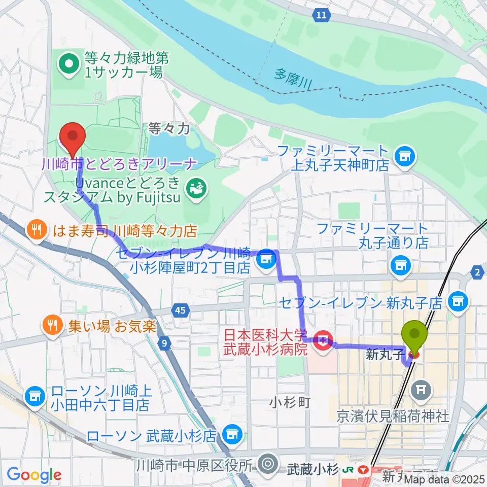 新丸子駅から川崎市とどろきアリーナへのルートマップ地図