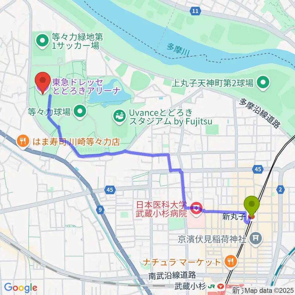 新丸子駅から東急ドレッセとどろきアリーナへのルートマップ地図