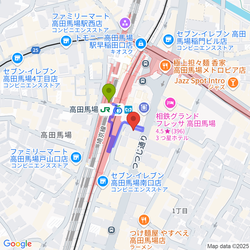 スタジオ音楽館 高田馬場駅前の最寄駅高田馬場駅からの徒歩ルート（約1分）地図