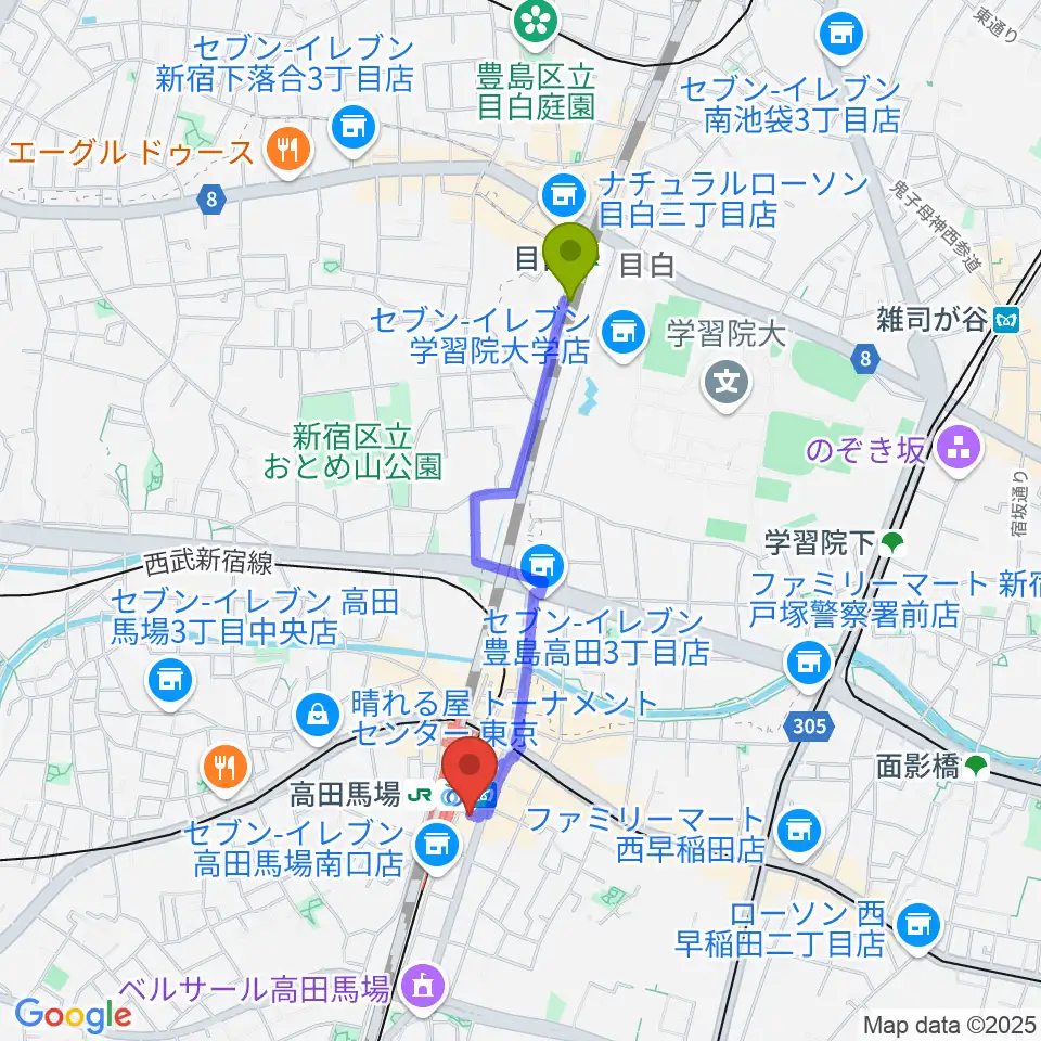 目白駅からスタジオ音楽館 高田馬場駅前へのルートマップ地図