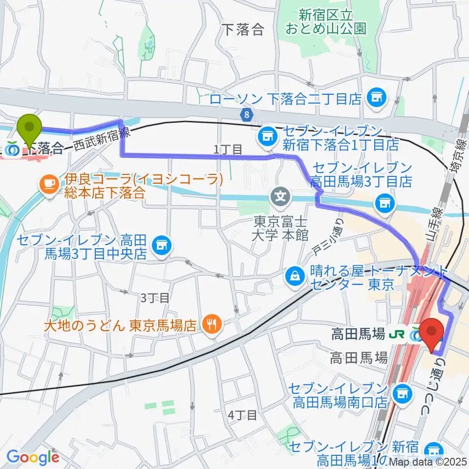 下落合駅からスタジオ音楽館 高田馬場駅前へのルートマップ地図
