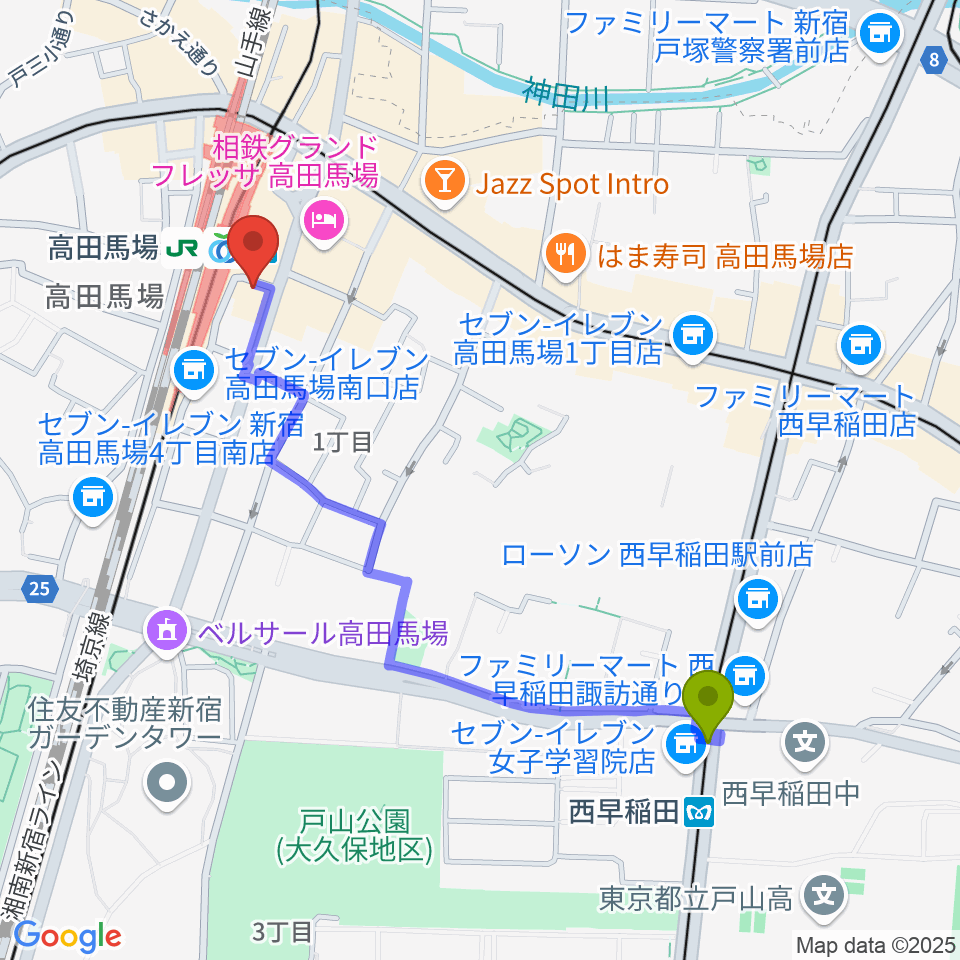 西早稲田駅からスタジオ音楽館 高田馬場駅前へのルートマップ地図