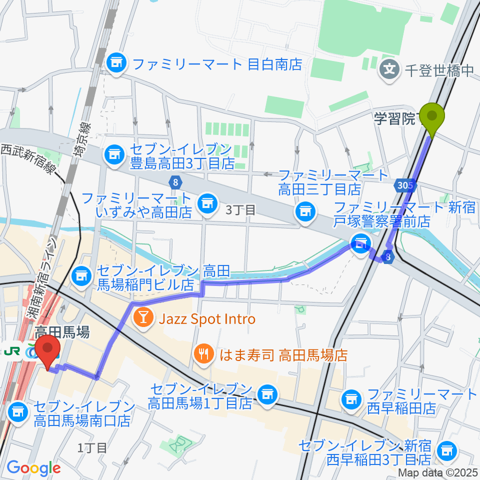 学習院下駅からスタジオ音楽館 高田馬場駅前へのルートマップ地図