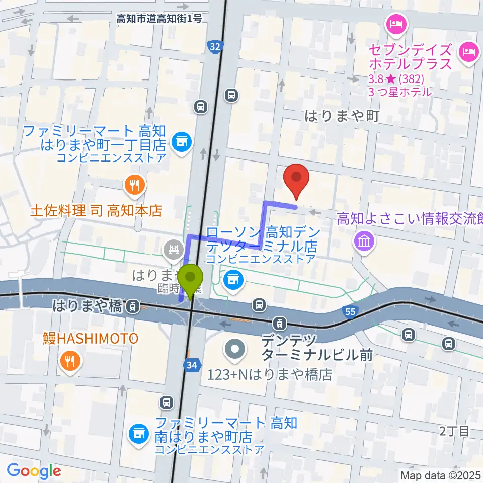 はりまや橋駅から高知ri:verへのルートマップ地図