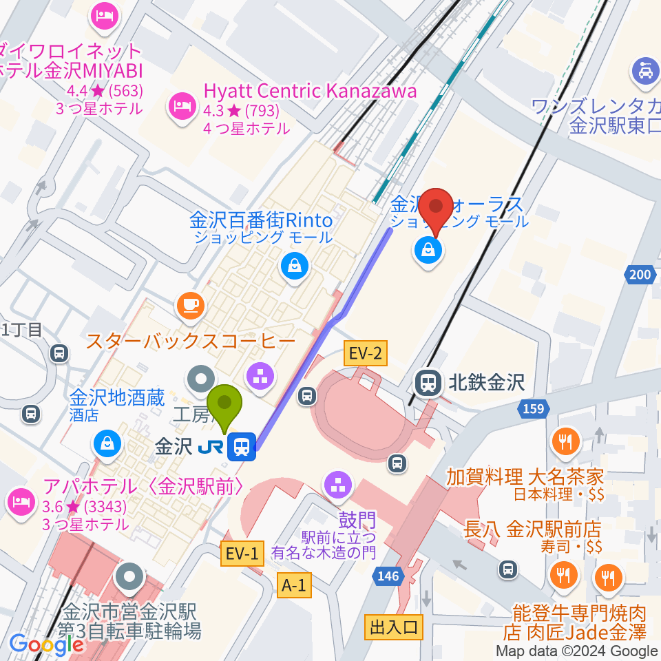 イオンシネマ金沢フォーラスの最寄駅金沢駅からの徒歩ルート（約3分）地図