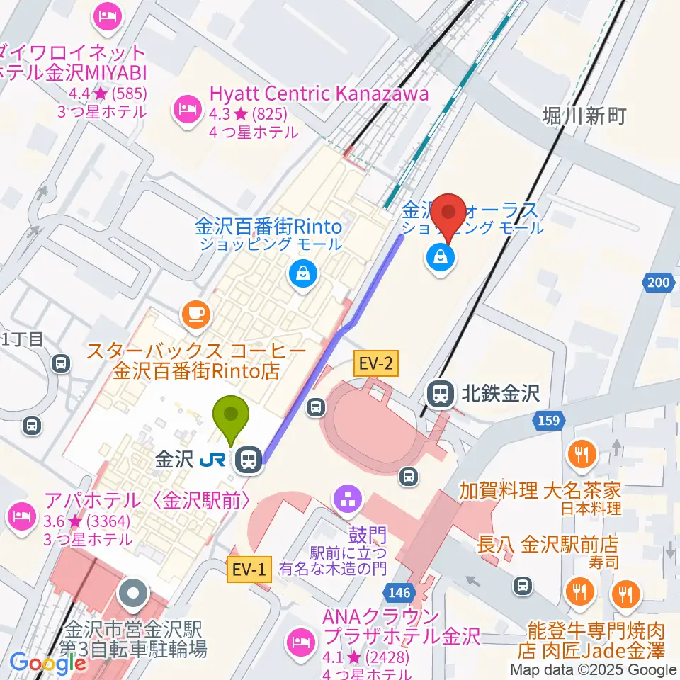 イオンシネマ金沢フォーラスの最寄駅金沢駅からの徒歩ルート（約3分）地図