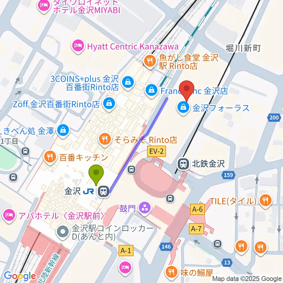 イオンシネマ金沢フォーラスの最寄駅金沢駅からの徒歩ルート（約3分）地図