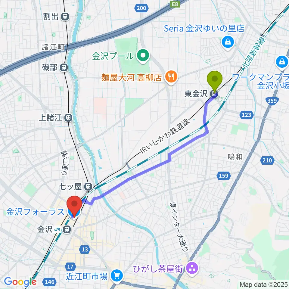 東金沢駅からイオンシネマ金沢フォーラスへのルートマップ地図