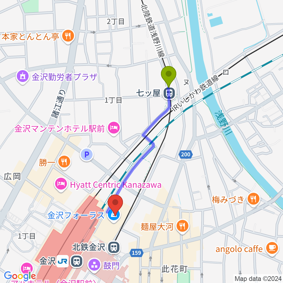 七ツ屋駅からイオンシネマ金沢フォーラスへのルートマップ地図