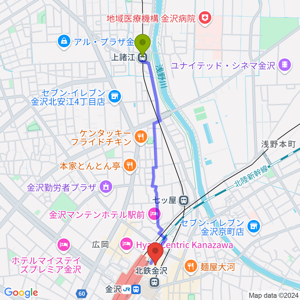 上諸江駅からイオンシネマ金沢フォーラスへのルートマップ地図