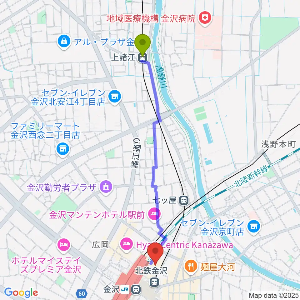 上諸江駅からイオンシネマ金沢フォーラスへのルートマップ地図