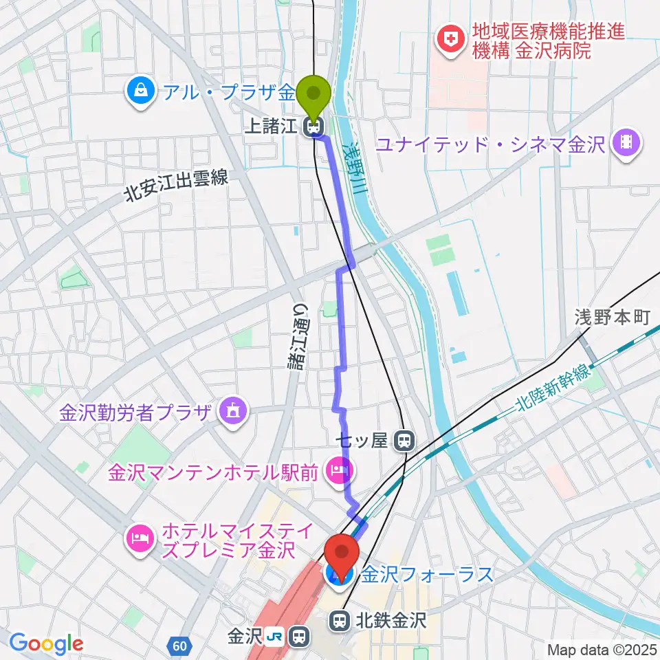 上諸江駅からイオンシネマ金沢フォーラスへのルートマップ地図