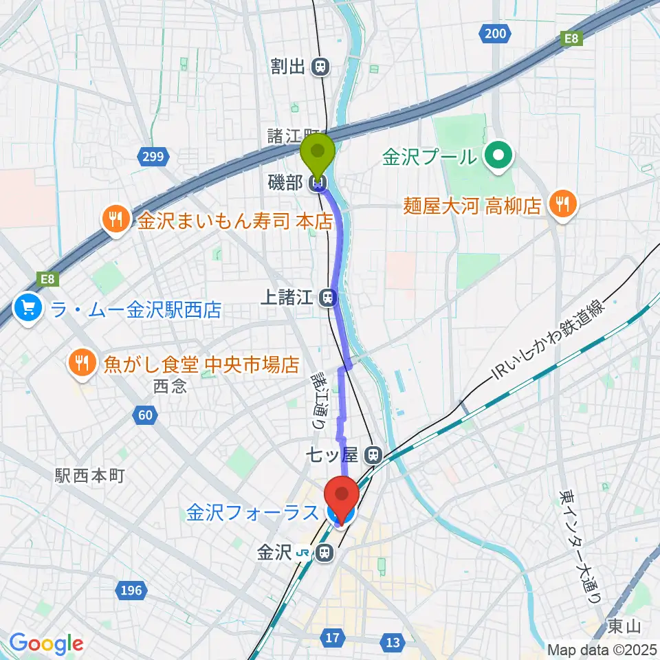 磯部駅からイオンシネマ金沢フォーラスへのルートマップ地図
