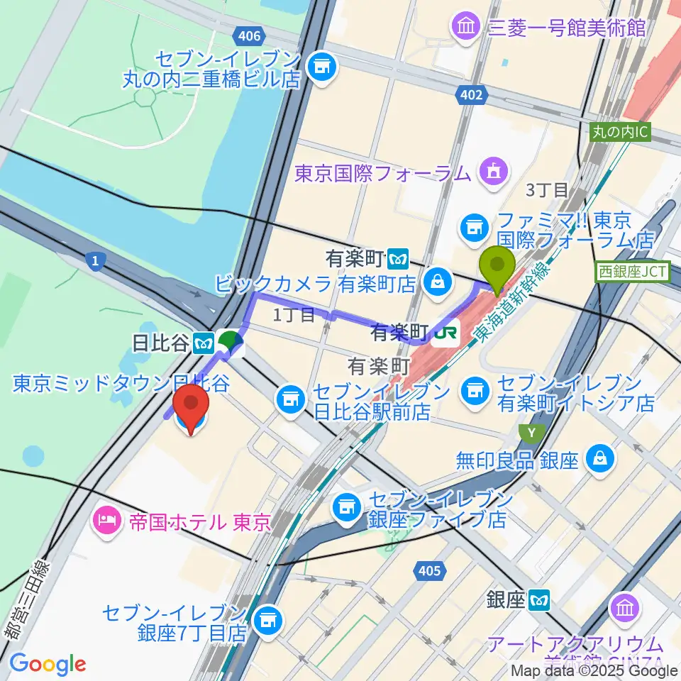 有楽町駅からTOHOシネマズ日比谷へのルートマップ地図