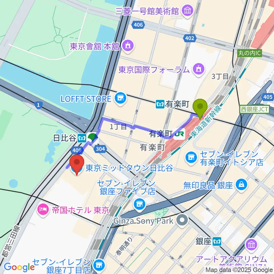 有楽町駅からTOHOシネマズ日比谷へのルートマップ地図
