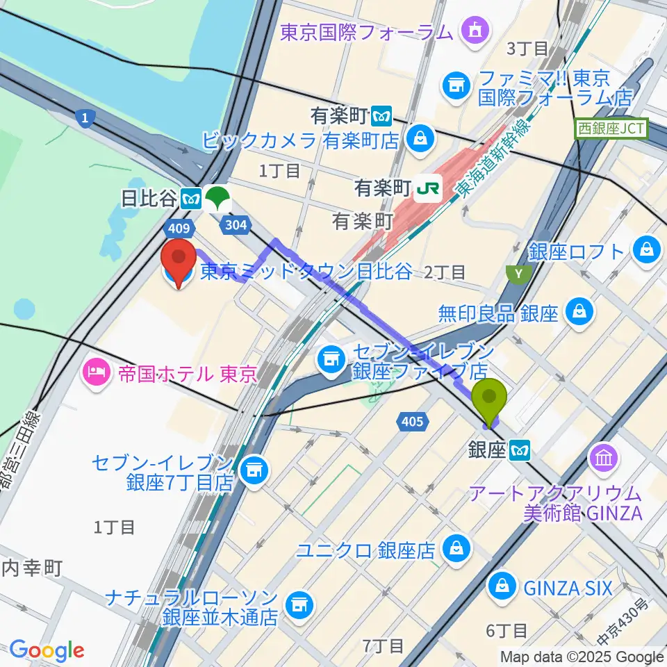 銀座駅からTOHOシネマズ日比谷へのルートマップ地図