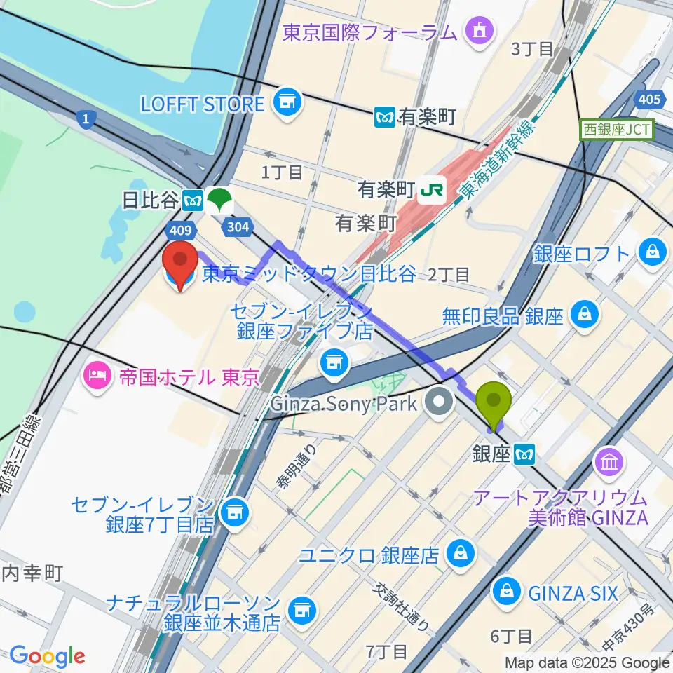 銀座駅からTOHOシネマズ日比谷へのルートマップ地図