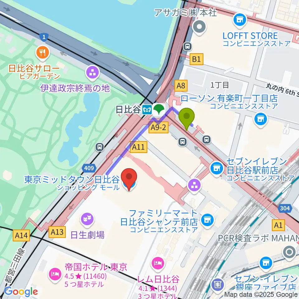 TOHOシネマズ日比谷の最寄駅日比谷駅からの徒歩ルート（約2分）地図