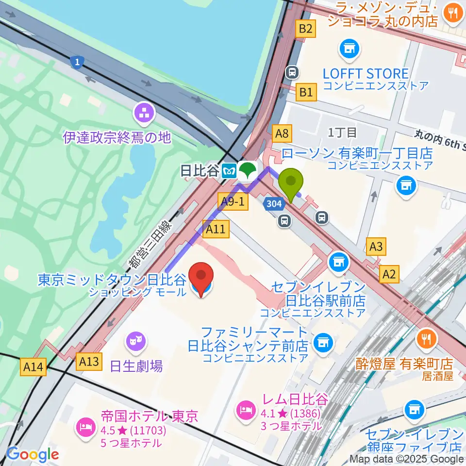 TOHOシネマズ日比谷の最寄駅日比谷駅からの徒歩ルート（約2分）地図