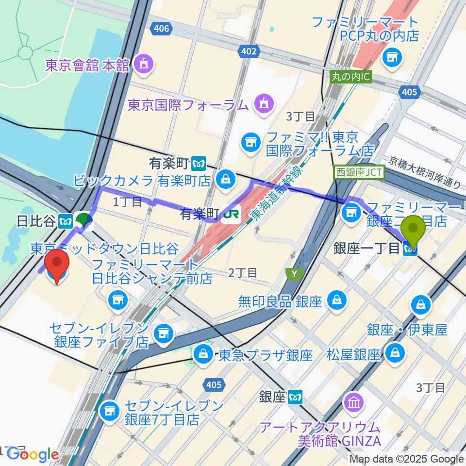 銀座一丁目駅からTOHOシネマズ日比谷へのルートマップ地図