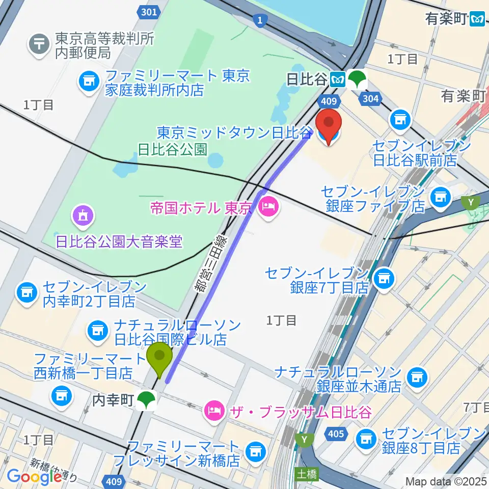 内幸町駅からTOHOシネマズ日比谷へのルートマップ地図