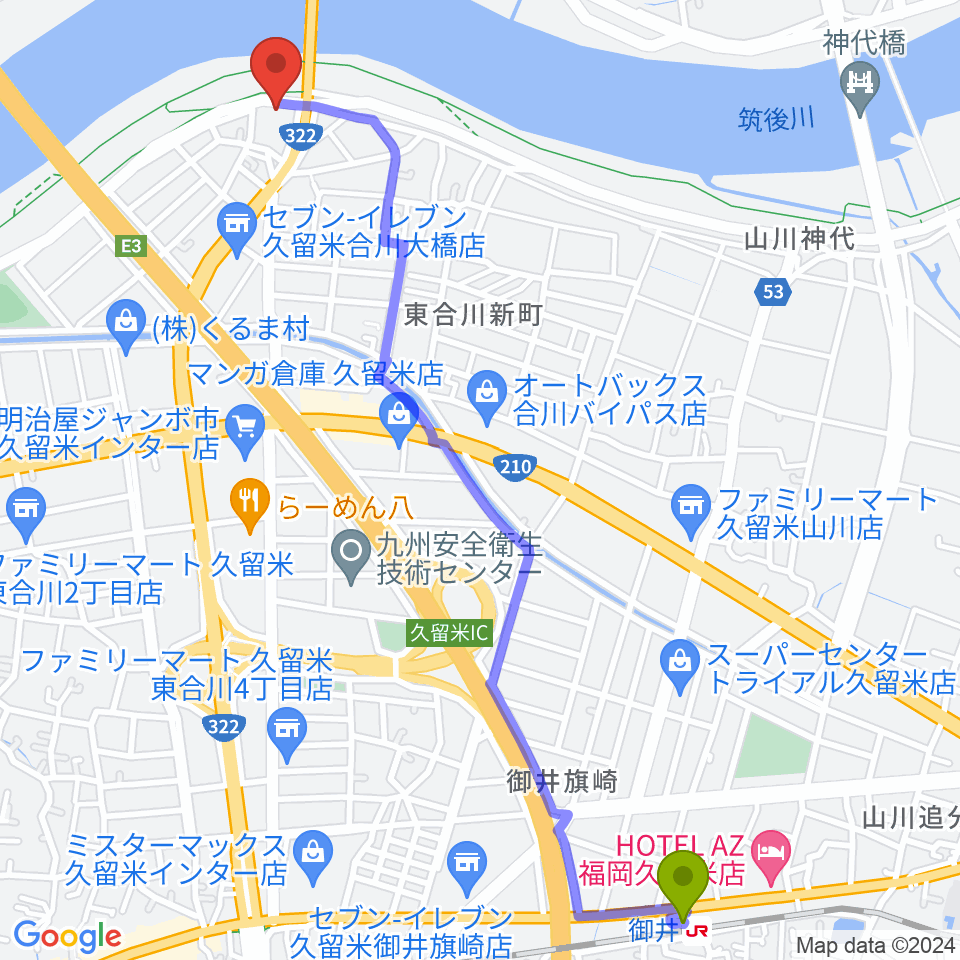 御井駅から久留米ウエストポイントへのルートマップ地図
