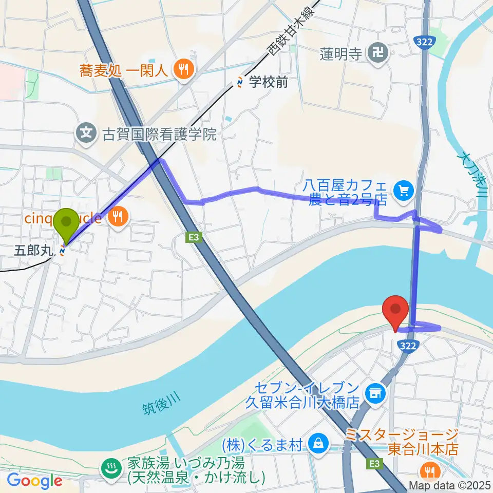 五郎丸駅から久留米ウエストポイントへのルートマップ地図