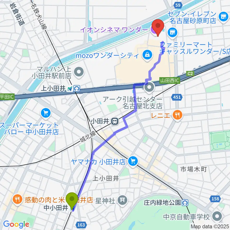 中小田井駅からイオンシネマワンダーへのルートマップ地図