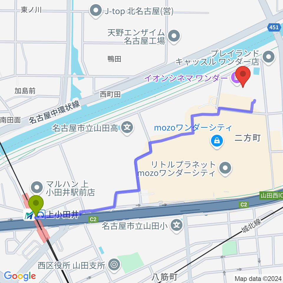 上小田井駅からイオンシネマワンダーへのルートマップ地図