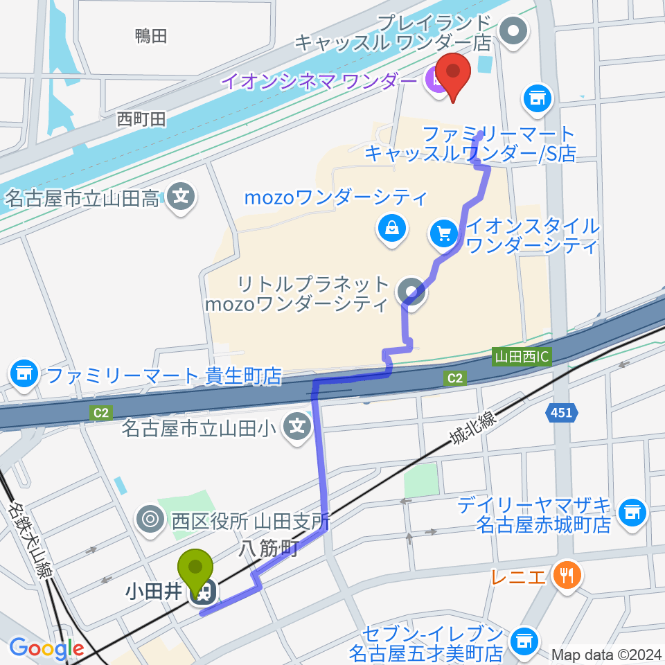 イオンシネマワンダーの最寄駅小田井駅からの徒歩ルート（約13分）地図