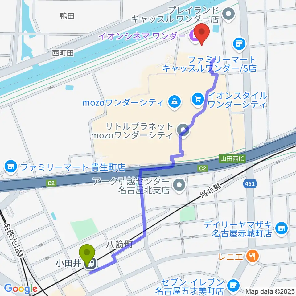 イオンシネマワンダーの最寄駅小田井駅からの徒歩ルート（約13分）地図