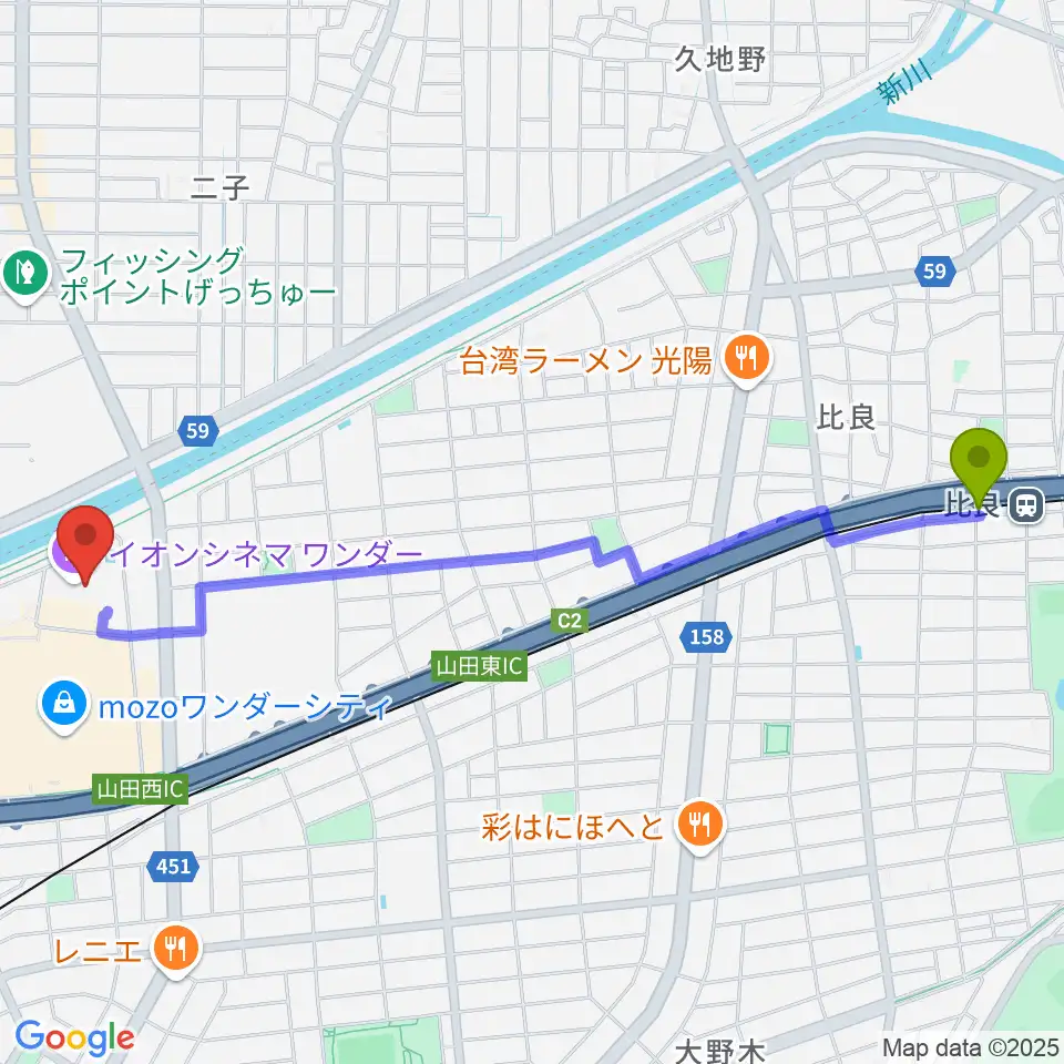 比良駅からイオンシネマワンダーへのルートマップ地図