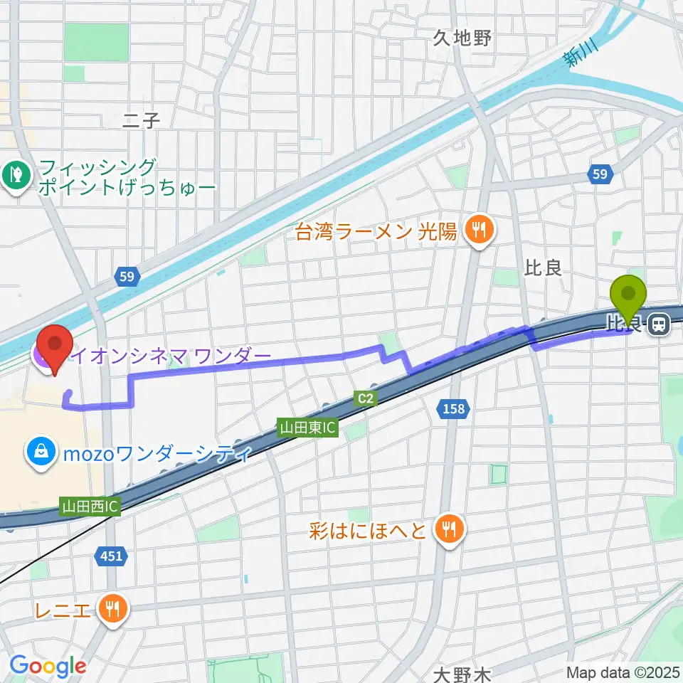 比良駅からイオンシネマワンダーへのルートマップ地図