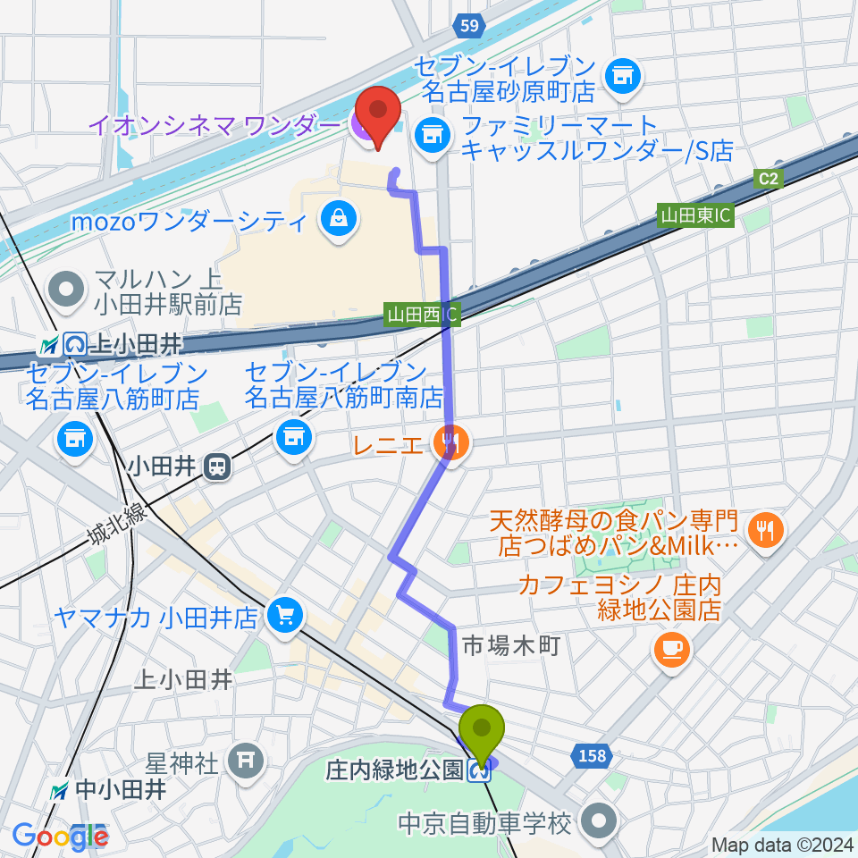 庄内緑地公園駅からイオンシネマワンダーへのルートマップ地図